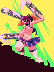 big_breasts breasts chainsaw_man cheerleader coolerinker denji_(chainsaw_man) denji_(chainsaw_man)_(cosplay) female fusion inker_comics inkershike juliet_starling lollipop_chainsaw shirt_lift shoes thighhighs twintails