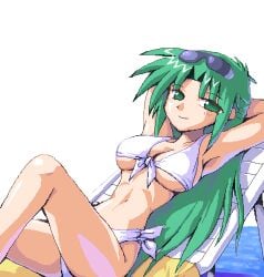 07th_expansion 1girls armpits arms_behind_head beach big_breasts bikini breasts busty chair cleavage female front-tie_bikini front-tie_top green_eyes green_hair hi_res higurashi_no_naku_koro_ni large_breasts legs long_hair looking_at_viewer lying navel ocean pose posing seductive seductive_smile sensual sexy_armpits shion_sonozaki smile sunglasses_on_head swimsuit thighs underboob water white_bikini