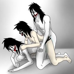 1boy 2girls bethany bethanygamemaster bisexual black_hair breasts creepypasta doggy_style female female/female from_behind jeff_the_killer kneeling long_hair male male_penetrating multiple_females multiple_girls pale_skin penetration selfcest sex spread_legs straight strap-on strapon threesome tongue tongue_out