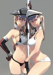 2d 2girls bikini bismarck_(kantai_collection) black_panties blonde_hair blush bra eight_tohyama gloves graf_zeppelin_(kantai_collection) kantai_collection military_hat multiple_girls panties stripper_pole thighhighs twintails white_panties