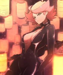 1girls amanda_o'neill artist_name black_bodysuit bodysuit breasts catsuit center_opening female female_only green_eyes latex little_witch_academia looking_at_viewer medium_breasts omiza_somi orange_hair short_hair skin_tight solo solo_female unzipped