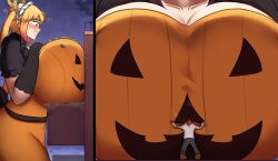 1girls 2girls between_breasts big_breasts breasts breasts_bigger_than_head charlydibulol clothed clothing female giantess halloween halloween_costume huge_breasts hyper hyper_breasts kobayashi light-skinned_female light_skin macro miss_kobayashi's_dragon_maid multiple_girls size_difference tohru_(dragon_maid)