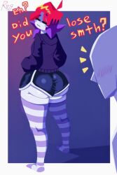2boys ass back_view blush blushing femboy gay male mash_(mashprotato) reflection shocked_expression snesti snesti09 staring_at_another striped_thighhighs text thick_thighs