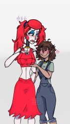 2girls animatronic artist_request blush breasts brown_hair eleanor_(fnaf) fazbear_frights five_nights_at_freddy's five_nights_at_freddy's_(to_be_beautiful) fnaf_novels green_eyes ibispaintx multiple_girls red_clothes red_hair sarah_(fazbears_fright) short_hair twintails white_background white_skin