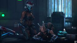 2girls all_fours armor christmas helmet planetmojo tagme valkyr_(warframe) warframe