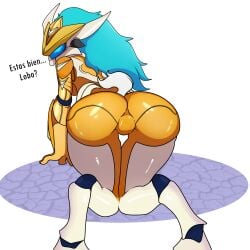 ass big_ass blue_hair female furry kindred kneeling lamb_(league_of_legends) league_of_legends looking_back showing_ass stuart24 super_galaxy_kindred tight_clothes