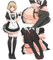 1girls black_socks blonde_hair hair_ornament heels iwanaga_kotoko kyokou_suiri maid_uniform panties purple_eyes red_bottom_heels short_hair small_breasts socks thigh_socks thighhighs upskirt