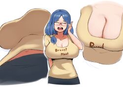 arm_behind_back blue_hair breasts cleavage closed_eyes clothes_writing embarrassed female glasses highres kion-kun large_breasts little_witch_academia long_hair navel open_mouth short_sleeves smile upper_body upper_teeth ursula_callistis white_background