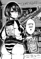 big_ass dat_ass dialogue fat_ass freckles_on_ass gun looking_at_viewer looking_back original original_character red_eyes ryona_(tomboy_sama) thick_thighs tomboy tomboy_sama