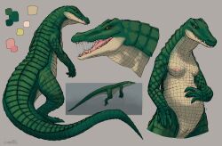 absurd_res alligator alligatorid anthro bodily_fluids breasts claws countershading crocodilian digital_media_(artwork) female fingers genitals green_body green_scales hi_res lumen_fox multiple_poses nipples non-mammal_breasts non-mammal_nipples nude open_mouth pose pussy reptile saliva scales scalie shaded signature simple_background solo standing tan_body tan_countershading teeth tongue