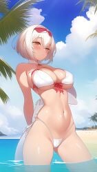 1girls ai_generated arms_behind_back beach big_breasts bikini busty character_request dizzydreamerai female female_only hi_res large_breasts legs looking_at_viewer navel ocean red_eyes solo thighs voluptuous water white_bikini