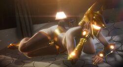 1girls 3d 3d_(artwork) bed bedroom big_breasts breasts bungie destiny_(game) destiny_(video_game) destiny_2 fingerless_gloves fingernails gold gold_(metal) guardian_(destiny) hand_on_head helmet high_heel_boots high_heels laying_down laying_on_bed seductive shiny solo solo_female sonicfreak stockings thighhighs warlock_(destiny)