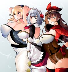 3girls amber_(genshin_impact) big_breasts big_thighs breasts busty clothed clothed_female female female_only genshin_impact huge_breasts jean_gunnhildr large_breasts matahachi matahachi_(matahachi0324) multiple_girls nipples_visible_through_clothing noelle_(genshin_impact) thick_thighs thighs