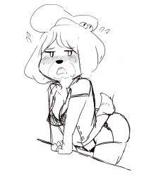 1girls animal_crossing anthro ass_up blush blush_lines blushing_at_viewer dog drunk female furry furry_breasts furry_ears furry_female furry_only furry_tail horny isabelle_(animal_crossing) lingerie nintendo sketch sprocket_(artist) tired tired_eyes woken_up