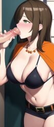 1boy 1girls ai_generated big_breasts bikini_top blowjob brown_hair cape giving_head green_eyes holding holding_penis hotpants huge_breasts large_breasts licking licking_penis light-skinned_female light-skinned_male light_skin long_hair nai_diffusion necklace oral oral_sex re:zero_kara_hajimeru_isekai_seikatsu saliva saliva_drip saliva_on_penis saliva_string shaula_(re:zero) stable_diffusion sucking sucking_off sucking_penis sucking_tip