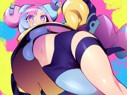 abarabone94 belly big_breasts bottom_view cameltoe clothed_female female hairbun iono_(pokemon) jacket long_sleeves pinup pokemon pokemon_sv sharp_teeth shorts smug smug_face smug_grin tagme thick_thighs thighs underboob