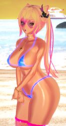 alternate_costume alternate_hair_color beach bikini blue_bikini fishnet_stockings fishnets genshin_impact glasses gyaru keqing_(genshin_impact) large_breasts looking_at_viewer navel_piercing qsx3 twintails