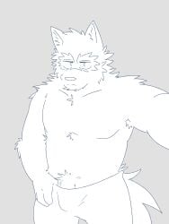 absurd_res anthro armpit_hair barely_visible_genitalia body_hair bottomwear bulge camera canid canine canis clothed clothing fluffy genitals hand_on_pants hi_res holding_camera holding_object male mammal mrjosh47 neck_tuft pants password_(visual_novel) pulling_pants_down shoulder_tuft solo topless tuft tyson_(password) waistband_pull wolf