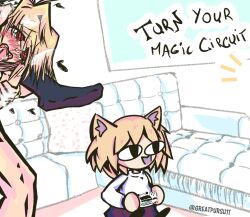 ahe_gao animal_humanoid arcueid_brunestud blonde_hair blush bottomwear cat_humanoid clothed clothing controller felid felid_humanoid feline feline_humanoid female female_penetrated full_nelson funny furniture gaming great_pursu1t greatpursu1t group hair hi_res human humanoid light_body light_skin looking_pleasured male male/female male_penetrating male_penetrating_female mammal mammal_humanoid melty_blood meme neco-arc nude oblivious_woman_in_glasses_playing_video_games_(meme) offscreen_sex out_of_frame penetration playing_videogame red_eyes sex sitting skirt sofa topwear trio tsukihime