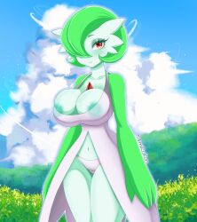 big_areola big_breasts dress gardevoir green_areola green_hair nipple_slip nipples pokémon_(species) pokemon pokemon_(species) red_eyes s4mirukun short_hair solo solo_female transparent_clothing white_skin