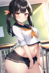 1girls ai_generated alternate_eye_color arched_back ass black_hair bottom_heavy breasts classroom fate/grand_order fate/kaleid_liner_prisma_illya fate_(series) female hips huge_ass indoors large_ass light-skinned_female light_skin long_hair miyu_edelfelt nai_diffusion naughty_face orange_eyes petite petite_body school_uniform schoolgirl short_skirt skindentation skirt slim_waist small_breasts smile stable_diffusion suggestive_look thick_thighs thighhighs thighs thunder_thighs wide_hips