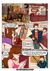 1girls 4boys aged_up big_breasts breasts brown_hair cleavage clothed clothing comic dipper_pines english_text eyebrows_visible_through_hair female gansoman gravity_falls gun human human_only long_hair mabel_pines male necklace nipple_bulge panties phone skirt speech_bubble straight_hair text weapon white_panties