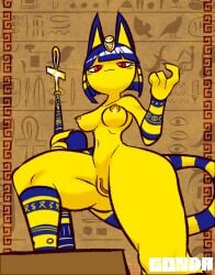 absurd_res animal_crossing ankha ankha_(animal_crossing) anthro blue_hair breasts clothing domestic_cat drawing egyptian_clothing egyptian_headdress felid feline felis female fur genitals gonda hair hi_res humanoid looking_at_viewer mammal nintendo nipples one_leg_up pussy raised_leg red_eyes simple_background small_breasts solo video_games wide_hips yellow_body yellow_fur