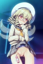 ass_visible_through_thighs bangs bar_censor beret blonde_hair blush censored chima_q clothes_lift commentary_request drill_hair embarrassed fairy_wings female glasses hair_between_eyes hat highres indoors lifted_by_self long_hair long_sleeves looking_away looking_to_the_side luna_child night no_panties object_insertion paid_reward_available plaid plaid_skirt pleated_skirt pussy pussy_juice red_eyes remote_control_vibrator sailor_collar school_uniform sex_toy skirt skirt_lift solo textless_version touhou vaginal_object_insertion vaginal_penetration vibrator white_headwear wings