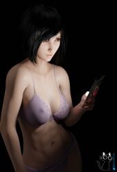 1girls 3d black_background female female_only final_fantasy final_fantasy_vii large_breasts on_phone phone shumai3d tifa_lockhart underwear