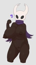 anthro arthropod belly big_breasts black_body black_nipples blue_cloak bodily_fluids breasts cloak clothing female female_the_knight_(hollow_knight) genitals hand_behind_back hi_res hollow_eyes hollow_knight horn insects looking_at_viewer navel neilious_dyson neiliousdyson nejtacoz58m8 nipples protagonist_(hollow_knight) pussy raising_arm solo sweat sweatdrop team_cherry vessel_(species) video_games