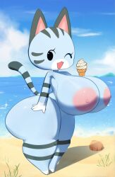 animal_crossing beach blue_fur female furry huge_breasts ice_cream lolly_(animal_crossing) mu111777 nintendo seashell stripes wide_hips wink