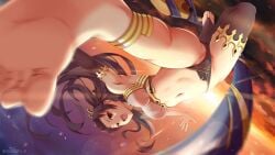 absurd_res absurdres armpits arms_up asymmetrical_legwear barefoot bikini bikini_armor brown_hair fate/grand_order feet foot_focus head_piece ishtar_(fate) ishtar_(fate/grand_order) jumping labia_majora legs_apart legs_spread legwear navel queasy_s red_eyes sole soles stirrup_legwear tagme upside-down