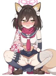 allied_hyakkiyako_academy_student anba_kohaku animal_ear_fluff animal_ears bar_censor black_gloves black_pubic_hair black_sailor_collar black_skirt black_socks blue_archive blush brown_footwear brown_hair censored clothes_lift female female_pubic_hair fishnet_thighhighs fishnets floral_print fox_ears fox_girl fox_hair_ornament fox_tail gloves halo highres izuna_(blue_archive) japanese_clothes kimono kunai lifted_by_self loafers looking_to_the_side neckerchief ninjutsu_research_club_(blue_archive) open_mouth pink_kimono print_kimono pubic_hair red_neckerchief red_scarf sailor_collar scarf shoes short_hair simple_background single_sock single_thighhigh skirt skirt_lift smile socks solo squatting tail thighhighs weapon white_background yellow_eyes