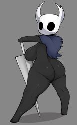 anthro arthropod ass black_body blue_cloak breasts cloak clothing female female_the_knight_(hollow_knight) hi_res holding_object holding_weapon hollow_eyes hollow_knight horn insects looking_at_viewer neilious_dyson neiliousdyson nejtacoz58m8 presenting solo spreading team_cherry vessel_(species) video_games weapon