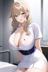 1girls ai_generated breasts brown_hair female genshin_impact green_eyes hips huge_breasts light-skinned_female light_skin lisa_(genshin_impact) long_hair looking_at_viewer nai_diffusion nurse nurse_costume nurse_outfit nurse_uniform smile stable_diffusion thick_thighs thighs wide_hips