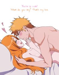 1boy 1girls ashamed big_breasts bleach blush breasts busty closed_eyes couple cuddling duo duo_focus embarrassed happy happy_female heart hug huge_breasts hugging ichigo_kurosaki inoue_orihime long_hair looking_at_another looking_at_partner lying lying_down lying_on_back lying_on_person lying_on_stomach male/female missionary missionary_position orange_hair romantic romantic_couple rozuberry short_hair side_view sideboob spoken_heart straight talking_to_another talking_to_partner teasing text wholesome