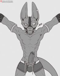 anthro balls beerus big_penis boner bound bound_wrists bulge dragon_ball dragon_ball_super erection felid feline feline_humanoid furry gay god_of_destruction hairless_cat male male_only monochrome muscles penis solo solo_male sphynx_(cat) spiritd tail