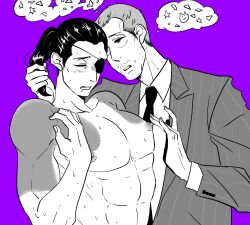 2boys age_difference closed_eyes drooling e_0201 femboy feminine_male gay holding_hair majima_goro male_only no_visible_genitalia ryuu_ga_gotoku sagawa_tsukasa touching_nipples