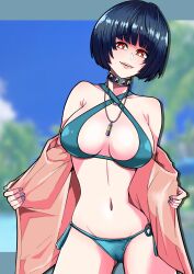 1girls atlus big_breasts bikini bikini_bottom bikini_top blue_bikini blue_hair blue_nail_polish blue_nails breasts cleavage dark_blue_hair female female_only high_resolution highres huge_breasts lips mature mature_female nail_polish nails necklace neckwear open_clothes osusowake persona persona_5 red_eyes smile solo solo_female spiked_collar swimsuit swimwear tae_takemi