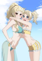 2girls :d alternate_costume asymmetrical_docking bangs bikini bikini_shorts blonde_hair blue_bikini blue_eyes blue_sarong blue_sky blue_swimsuit blunt_bangs blush breast_press breasts brown_eyes clair_(fire_emblem) cleavage cloud commentary female female_only fire_emblem fire_emblem_awakening frilled_shorts frills from_side groin hand_on_another's_back hand_on_own_thigh high_ponytail highres hug leaning_forward lissa_(fire_emblem) long_hair looking_at_viewer medium_breasts multiple_girls navel nintendo oppaihobby outdoors parted_bangs sarong see-through_sarong shorts sidelocks sky small_breasts smile standing swimsuit tassel twintails yellow_bikini yellow_shorts yellow_swimsuit