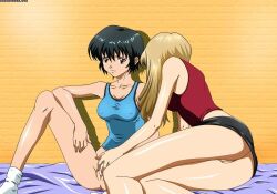 2girls black_hair blonde_hair bottomless clothed dildo long_hair mireille_bouquet multiple_girls nipples_visible_through_clothing no_panties noir_(anime) pussy sex_toy shaved_pussy short_hair socks toying_partner yuri yuumura_kirika