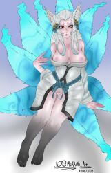 ahri eyelashes female japanese_clothes large_breasts league_of_legends long_hair makku_makku pubic_hair solo spirit_blossom_ahri white_hair yellow_eyes