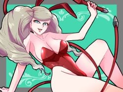 1girls alternate_version_available ann_takamaki atlus bare_legs big_breasts blonde_hair blue_eyes breasts bunny_ears bunnysuit cleavage clothing fake_animal_ears female female_only hair holding_weapon lips open_mouth osusowake persona persona_5 red_bunnysuit solo solo_female twintails weapon whip