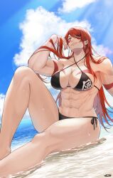 1girls abs bangs bare_shoulders beach biceps bikini black_bikini body_markings breasts cleavage female female_focus female_only fuma_kotaro_(tenkaichi) hi_res large_breasts light-skinned_female light_skin long_hair looking_at_viewer muscular muscular_arms muscular_female muscular_legs posing red_hair relaxing serratus_anterior signature smile solo solo_female string_bikini sunbathing sunshirou swept_bangs swimsuit tattoo tenkaichi_nihon_saikyou_bugeisha_ketteisen thick_thighs water yellow_eyes