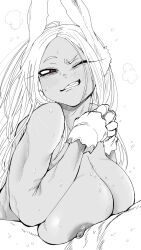 1boy 1girls 9:16 breasts dark-skinned_female greyscale holding_own_breast huge_breasts kaiman_(artist) kaiman_garupan long_hair miruko monochrome my_hero_academia nipples nude one_eye_closed paizuri red_eyes rumi_usagiyama shounen_jump spot_color sweat titjob upper_body