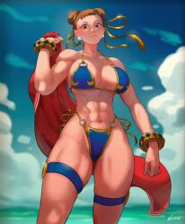 1girls abs absurd_res artist_name athletic athletic_female bare_shoulders beach biceps bikini blue_bikini bracelet breasts brown_hair capcom chun-li cleavage collarbone earrings female female_focus female_only fully_clothed hair_bun hi_res hourglass_figure large_breasts leg_wrap light-skinned_female light_skin looking_at_viewer looking_down muscular muscular_arms muscular_female muscular_legs red_towel solo solo_female street_fighter street_fighter_6 string_bikini swimsuit thick_thighs towel voluptuous xeviousg yellow_bikini yellow_bracelet yellow_eyes yellow_hairband