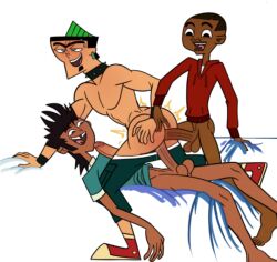 3boys anal anal_sex ass ass_grab big_ass big_penis blue_shirt cameron_(tdi) dark_skin double_penetration duncan_(tdi) gay grabbing_another's_ass grabbing_own_ass half-closed_eyes interracial iyumiblue male male/male male_only mike_(tdi) mohawk mohawk_(hairstyle) muscular_male nerdy_male partially_clothed red_ass red_hoodie red_shoes shoes shoes_on smile smiling threesome total_drama:_revenge_of_the_island total_drama_island yaoi