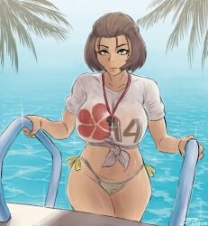 1girls atlus big_breasts bikini bikini_bottom breasts brown_eyes brown_hair cosplay crossover female female_only fire_emblem fire_emblem:_three_houses hair large_breasts lips lipstick manuela_casagranda mature mature_female mature_woman milf neckwear nintendo orange_eyeshadow orange_lips orange_lipstick persona persona_5 sadayo_kawakami sadayo_kawakami_(cosplay) solo swimsuit videajames whistle white_shirt yellow_bikini