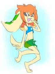 anthro basset_hound bottomwear canid canine canis clothed clothing crop_top domestic_dog eyewear feet female freedom_planet fur glasses hair hunting_dog mammal midriff milla_basset open_mouth orange_hair scent_hound scrambledeve shirt skirt tan_body tan_fur topwear video_games