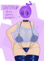 bedroom_eyes big_breasts bra breasts chubby female female_focus fire hand_on_hip lantern_(sspaziim) latex_bra latex_thighhighs object_head panties purple_fire sspaziim tank_top thick_thighs thighhighs thighs translucent_clothing